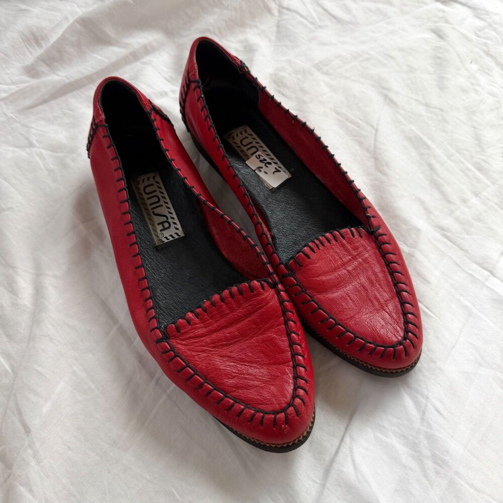 Vintage Unisa Genuine Red Leather Moccasin Loafers Slip On - 7